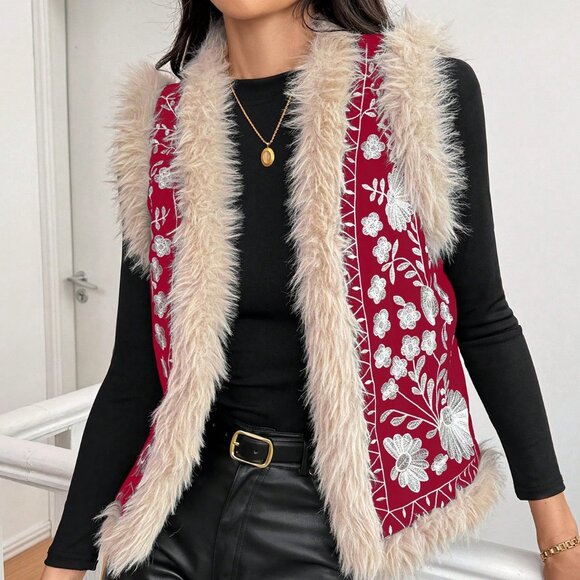 Burgundy Casual Women's Floral Patchwork Furry Vest Padded Padded Coat - Picture 1 of 5